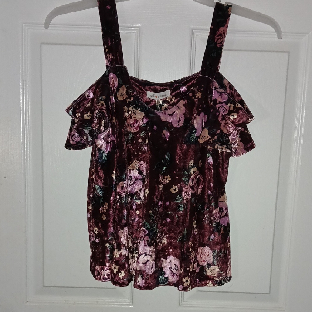 Floral Velvet Jr Cold Shoulder Top